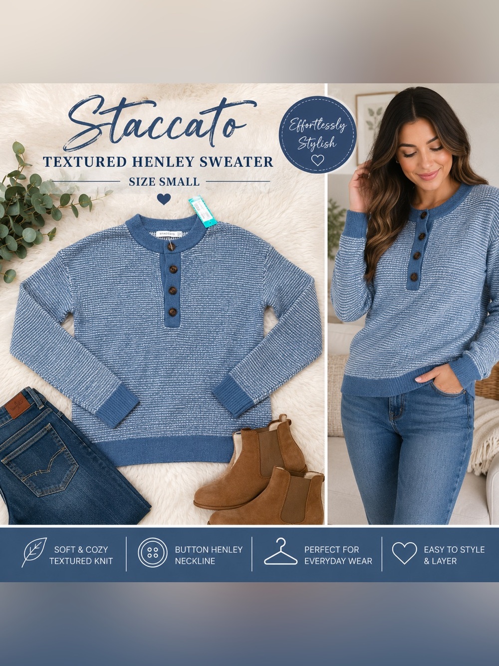 NWT Staccato Blue Textured Henley Sweater Size Small